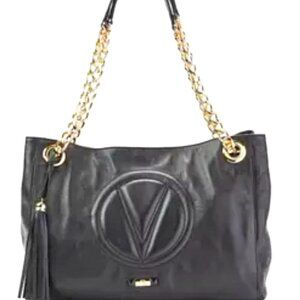 Valentino By Mario Valentino Black Leather Shoulder Bag with Gold Chain